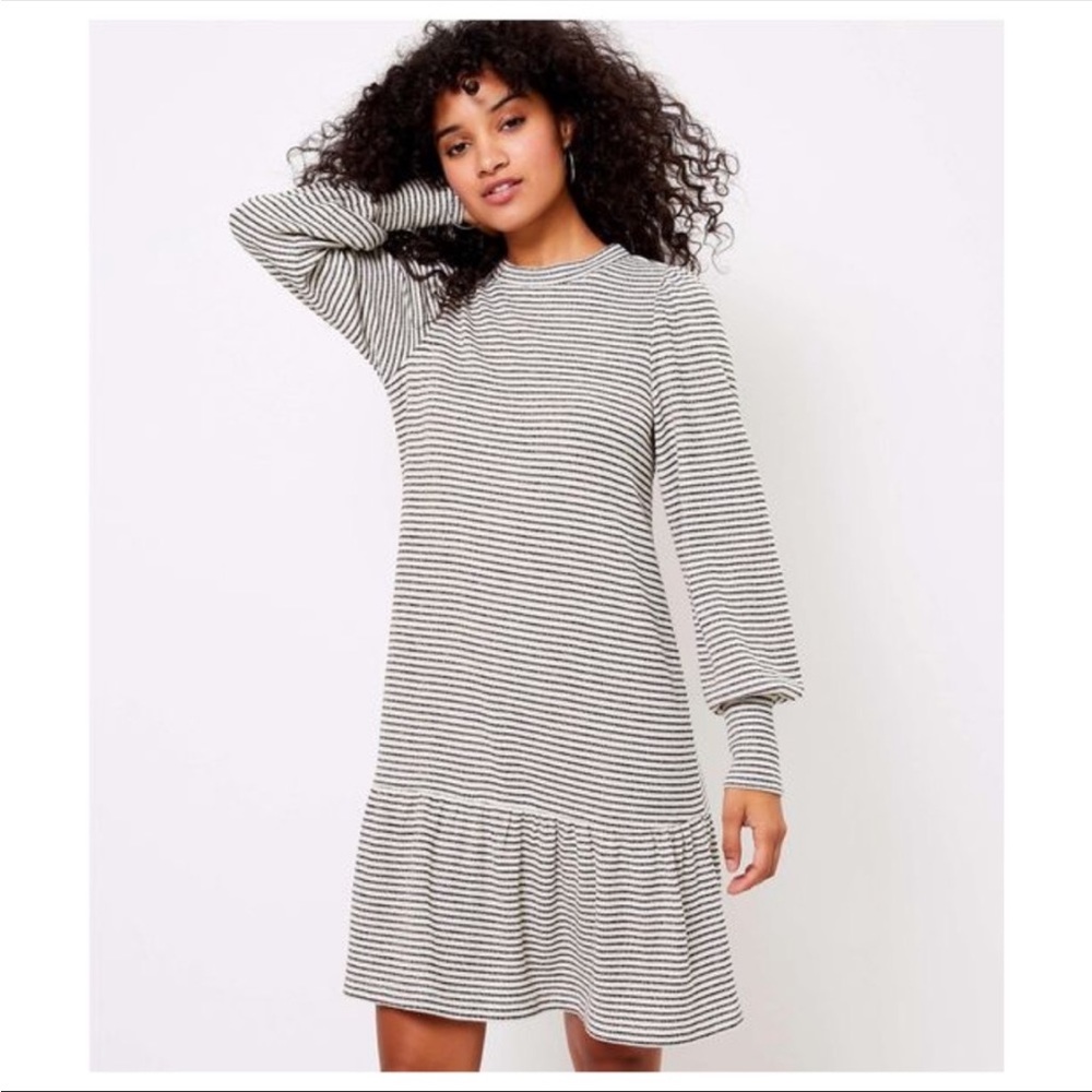 Loft Black & White Shimmer Striped Flounce Sweater Dress Small